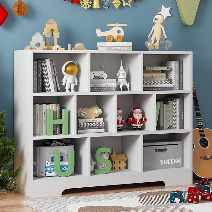 Book Shelf, 10 Cubes Storage Organizer, 3-Tier Open Shelf Wooden Bookcase, Freestanding White Bookshelf Cube Shelf for Bedroom, Living Room-Ruum Studio Home