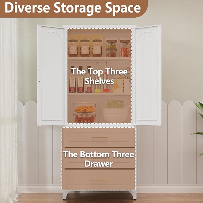 Kitchen Pantry Cabinet, 75" Tall Pantry Cabinet with Three Drawers, Freestanding Food Cupboard with Doors and Shelves, Metal Storage Cabinets for Dining, Living Room, White, Assembly Required-Ruum Studio Home