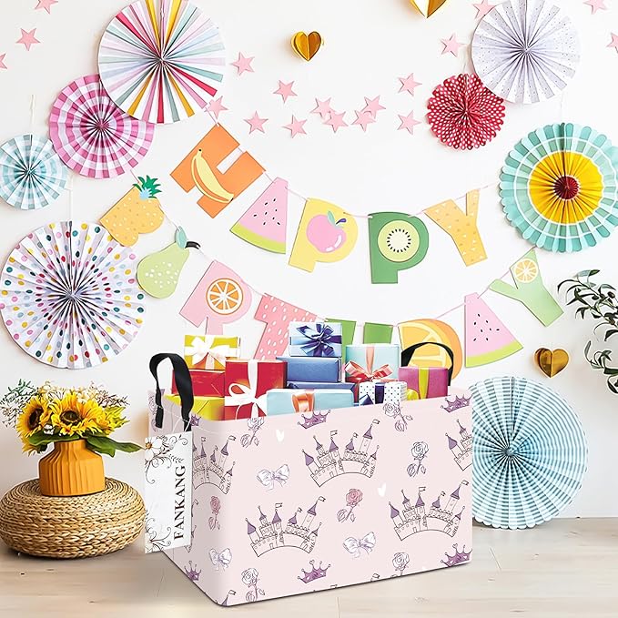 FANKANG Storage Bins, Nursery Hamper Canvas Laundry Basket Foldable with Waterproof PE Coating Large Storage Baskets for Kids Boys and Girls, Office, Bedroom, Clothes,Toys(Rec-Princess Castle-Ruum Studio Home