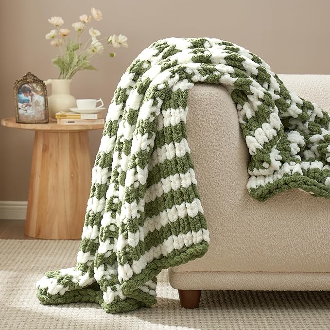 Amélie Home Chunky Knit Throw Blanket for Couch, Soft Chenille Crochet Blanket for Sofa, 50"x60", Sage Green & White Striped-Ruum Studio Home