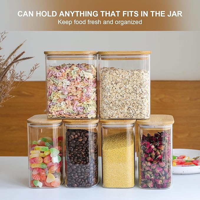 Liuruiyu Glass Storage Jars 12 * 8cm [Set of 6],Clear Glass Food Storage Containers with Airtight Bamboo Lid Stackable Kitchen Canisters for Candy,Cookie,Rice,Sugar,Flour,Pasta(Square)-Ruum Studio Home