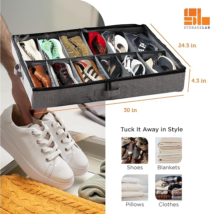storageLAB Slim Under Bed Storage Containers, Closet Organizers with Sturdy Handles for Clothes, Comforters, and Accessories, Use Under or at the End of the Bed - 2 Pack, Dark Grey-Ruum Studio Home