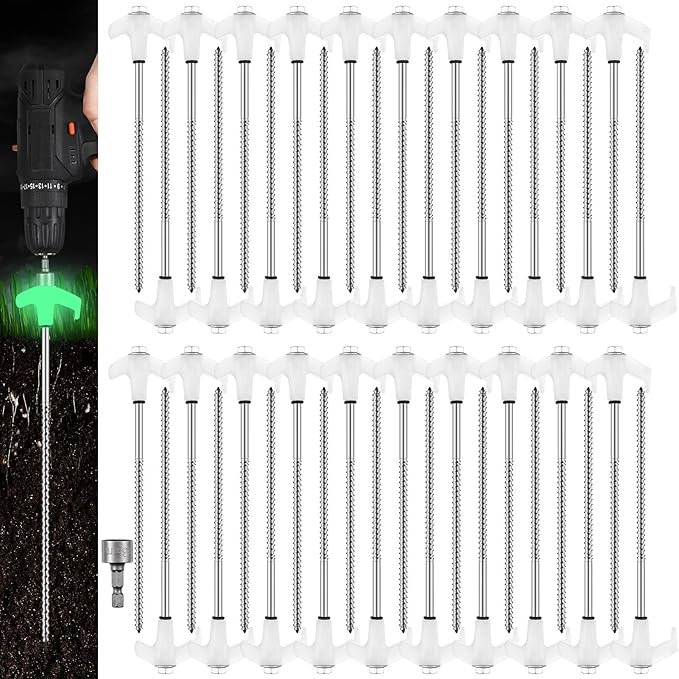 Hicarer 40 Pcs 20 Pcs 8'' Screw in Tent Stakes Heavy Duty Ground Metal Stakes for Inflatables with Hex Head Driver for Outdoor Camping Tent Inflatable Garden Decor (Luminous White)-Ruum Studio Home