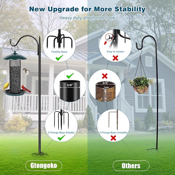 Gtongoko 63 Inch Shepherds Hooks for Outdoor with 5 Prongs Base, Adjustable Bird Feeder Pole Garden Hooks for Hanging Lanterns, Plants Baskets, Hummingbird Feeders, 2 Pack-Ruum Studio Home