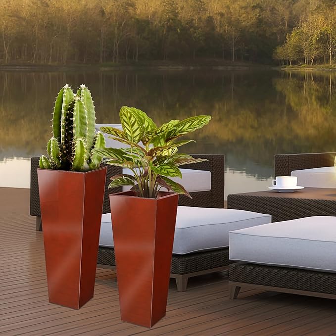 KOL 25'' & 28'' Tall Galvanized Steel Metal Glazed Planter with Insert, Set of 2, Metal Planter Pots for Indoor & Outdoor Use, Decorative Flower Plant Pots for Front Porch, Patio, Deck - Brown-Ruum Studio Home