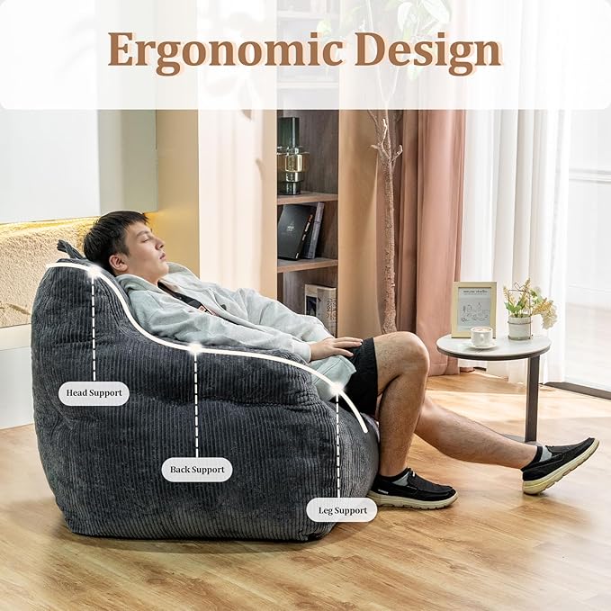 Giant Bean Bag Chair, Faux Fur Large Bean Bag Chair for Adults, Fluffy and Comfy Giant Bean Bag Chair with Filler, Big Bean Bag Sofa Chair for Reading, Gaming, Grey-Ruum Studio Home