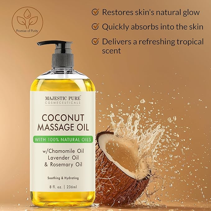 MAJESTIC PURE Coconut Massage Oil for Massage Therapy - Refreshing, and Relaxing - Natural Oils - for All Skin Types - Men and Women - 8 fl oz-Ruum Studio Home