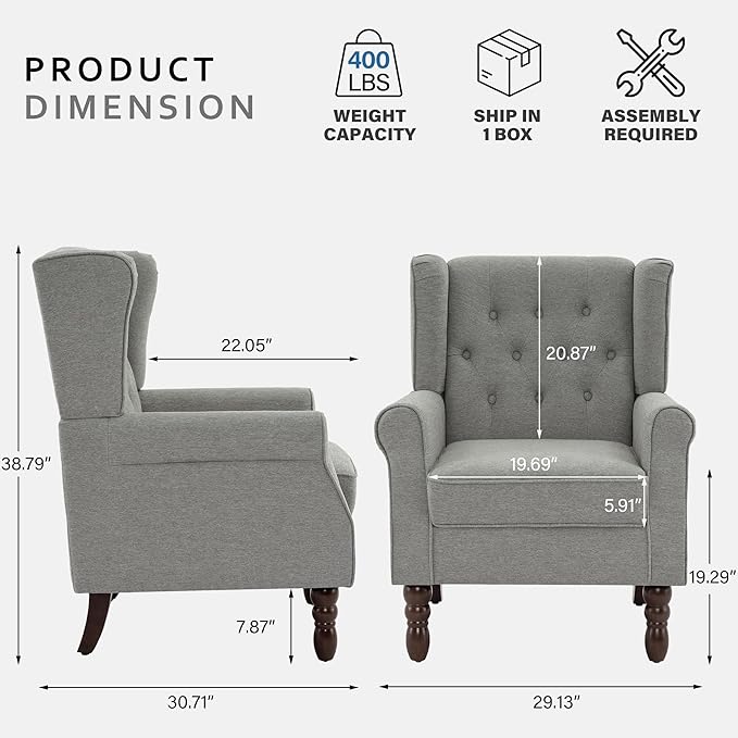 Lumibee High Back Accent Chair Set of 2,Upholstered Wingback Armchair with Solid Wood Legs for Small Spaces,Comfy Single Sofa Chair for Living Room,Bedroom,Office-Light Gray-Ruum Studio Home