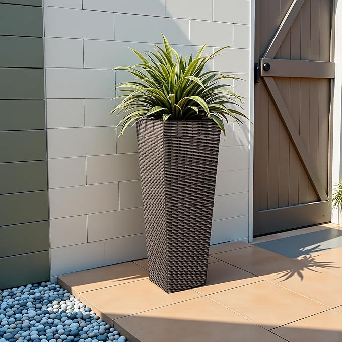 JUMMICO Set of 2 Resin Rattan Tall Planters for Outdoor Plants, Large Tapered Planters with Drainage Holes&Inner Trays, Flower Pots for Garden, Patio, Porch, Backyard (Brown, 32'')-Ruum Studio Home