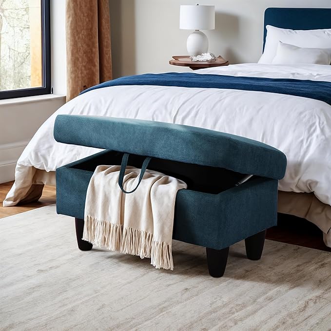 Ottoman Rectangular Storage Ottoman Bench, Flannel Footrest Stool Footstool with Lid for Living Room, Bedroom, Entryway, Lake Blue, 28.5"x19"x17.5"-Ruum Studio Home