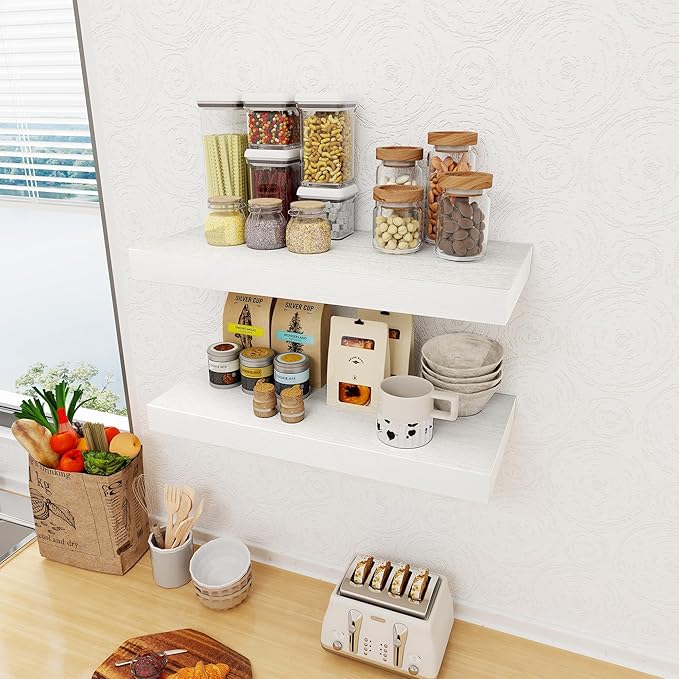 12 Inch Deep White Floating Shelves, 24 x 12 Floating Shelf for Books, Rustic Wood Deep Wall Shelves for Home Storage & Display, 2" Thicked Shelves for Kitchen, Living Room, Bedroom, 1 Pack-Ruum Studio Home