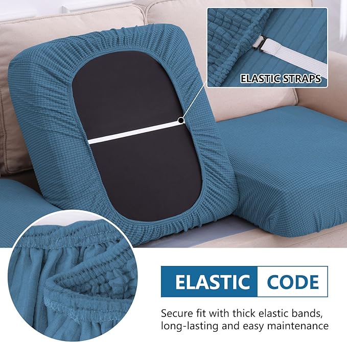 hyha Waterproof Couch Cushion Covers for Pets, Non Slip Sofa Seat Cover for Dogs Washable, Soft Thick Stretch Jacquard Fabric, Sofa Slipcovers with Elastic Bottom (2 Pieces, Blue)-Ruum Studio Home