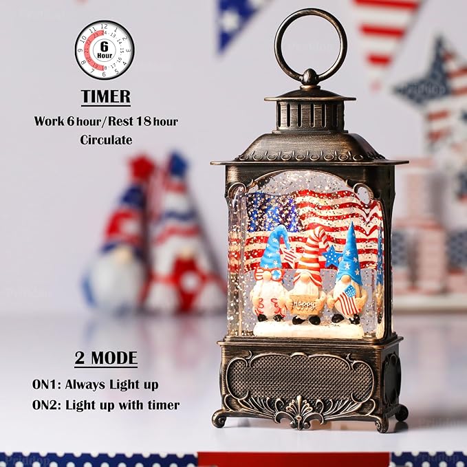 Gnome Snow Globe Lantern 4th of July Decorations with Timer, USB and Battery Powered 4th of July Shirts Patriotic Gnomes and American Flag Independence Day 10.2 inch-Ruum Studio Home