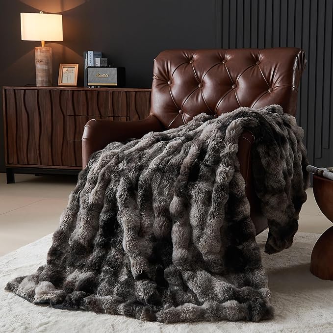 Lotus Karen Faux Fur Throw Blanket Tie-Dye Dark Gray - Big Bubble Rabbit Fluff Blanket for Couch, Small Fluffy Fuzzy Cozy Blanket, Thick Furry Plush Shaggy Blankets, 50x60 Inches-Ruum Studio Home