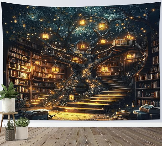 HVEST Fantasy Library Tapestry Fairytale Tree Vintage Bookshelf Tapestry for Bedroom Retro Bookshelf Book Wall Decor for Classroom Study Room College Room Dorm, 40L x 60W Inches-Ruum Studio Home