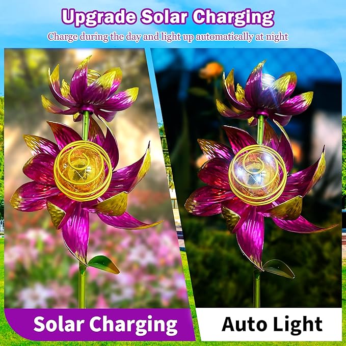 Solar Wind Spinner Outdoor, 63 Inch Metal Wind Spinner Yard Art with Lights - Twin Flower Design Pinwheels for Yard and Garden Decor, Solar Garden Decor-Ruum Studio Home