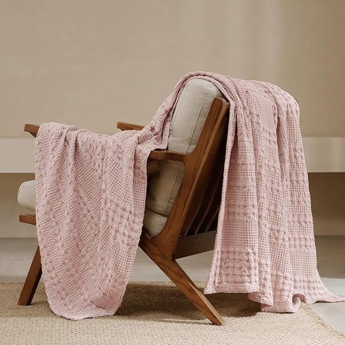 PHF 100% Cotton Waffle Weave Throw Blanket, Soft Lightweight Breathable Cozy Summer Throws for Couch Bed Sofa, Luxury Aesthetic Woven Blanket for Home Decor & Office, 50"x60", Pink/Mauve-Ruum Studio Home