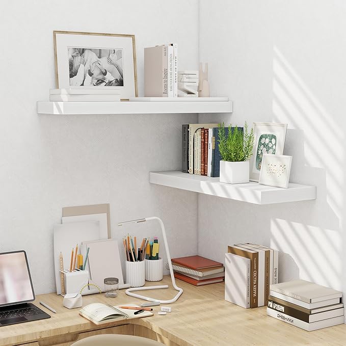 Fun Memories Floating Shelves for Wall, 32 Inch Long Floating Shelves Set of 2, 32 x 10 Wooden Shelves for Wall, Large Storage Shelves, Hanging Shelves for Bathroom Kitchen Bedroom, White-Ruum Studio Home