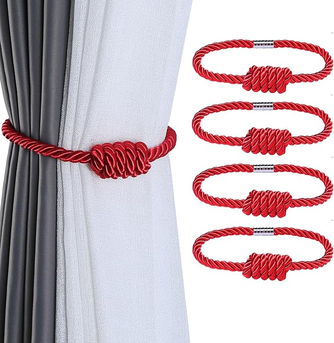 Fenghuangwu 4Pack Magnetic Curtain Tiebacks – Bohemian Style Handmade Woven Tie-Backs for Drapes,Elegant Exquisite Knot Holdbacks,Outdoor Boho & Modern Home Decor -Red-Ruum Studio Home