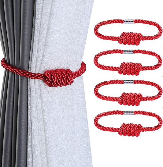 Fenghuangwu 4Pack Magnetic Curtain Tiebacks – Bohemian Style Handmade Woven Tie-Backs for Drapes,Elegant Exquisite Knot Holdbacks,Outdoor Boho & Modern Home Decor -Red-Ruum Studio Home