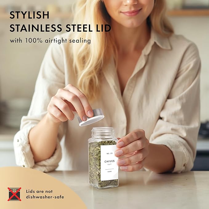 Glass Spice Jars with Label and Stainless Steel Lids (24 x 4oz) Spice Containers with 240 Labels, Shaker Inserts, Steel Funnel, Empty Square Empty Square Seasoning Organizer (White)-Ruum Studio Home