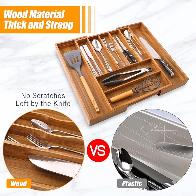 Bellsal Large Premium Acacia Wood Silverware Organizer - Expandable Utensil Drawer Organizer - 17"x19.6" Utensil Holder and Cutlery Tray with Grooved for Kitchen Flatware Utensils(7-9 Slot, Acacia)-Ruum Studio Home