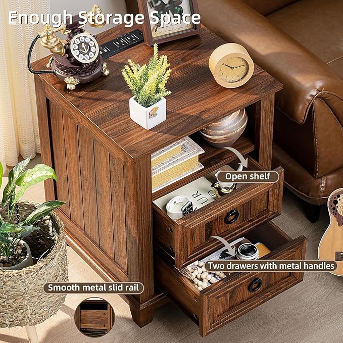 18" Farmhouse Night Stands Set of 2 with Charging Station, 2 & 3 Drawers End Table Dresser for Bedroom, Brown Wooden Nightstand, Bed Side Table with Open Shelf, Bedside Cabinet for Living Room-Ruum Studio Home