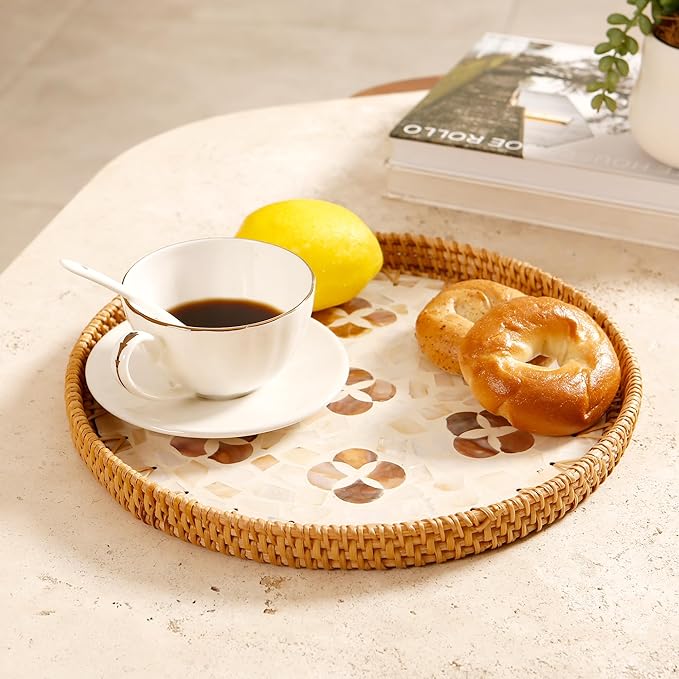 Round Rattan Tray with Mother of Pearl Inlay & Wooden Base - Decorative Wicker Serving Tray for Coffee/Bread/Fruits, Food Storage & Display - Multipurpose Home Decor (L,Four-Petal Flower)-Ruum Studio Home
