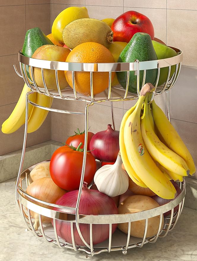 2 Tier Fruit Basket for Kitchen Counter with 2 Banana Hangers, Metal Stackable Fruit Bowl for Kitchen Counter for Bread Vegetable Fruits, Silvery-Ruum Studio Home