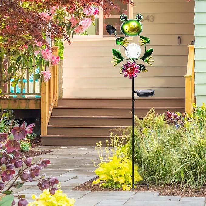 Afirst Solar Lights Outdoor Decorative Metal Frog Crackle Glass Globe Warm White LED Metal Waterproof Garden Stake Lights for Walkway Pathway Lawn Patio Yard Decorations-Ruum Studio Home