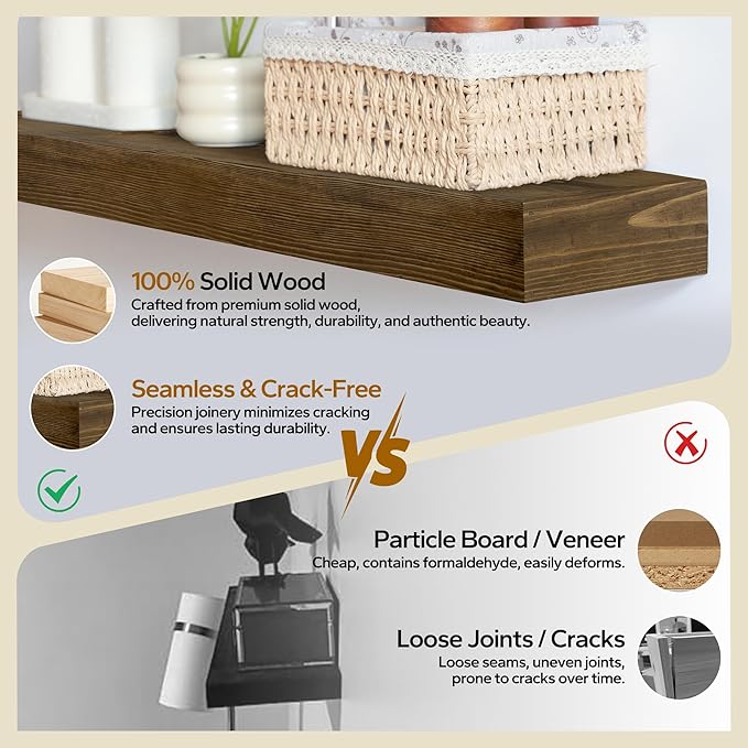 Floating Shelves 24 inch for Wall Set of 2,3 inch Thick Pine Wood Wall Mount Shelf for Kitchen Living Room Bedroom Bathroom,8" D x 24" L x 3" H-Drak Walnut-Ruum Studio Home