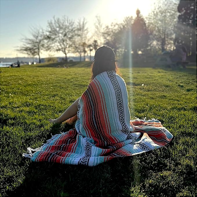 Traditional Handwoven Mexican Blanket, Large Falsa Serape - Soft & Durable - Vibrant Beach, Picnic, Yoga & Camping Mat - Lightweight Boho Throw 70"x50" (Sunset)-Ruum Studio Home