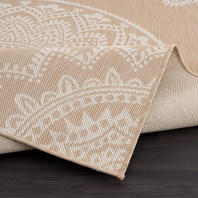 CAMILSON Outdoor Rug 9x12 Modern Area Rugs for Large Indoor and Outdoor Patios and Porches - Waterproof Washable Non-Shedding Easy-to-Clean Outside Carpet (9 x 12, Medallion - Beige/White)-Ruum Studio Home