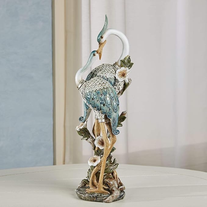 Devoted Cranes Table Sculpture Teal - Made of Resin Coastal Crane Shorebirds - Glitter Accents - Bird Statue - Flowers, Vining Leaves Base - Measures 5 Inches Wide, 16 Inches High-Ruum Studio Home