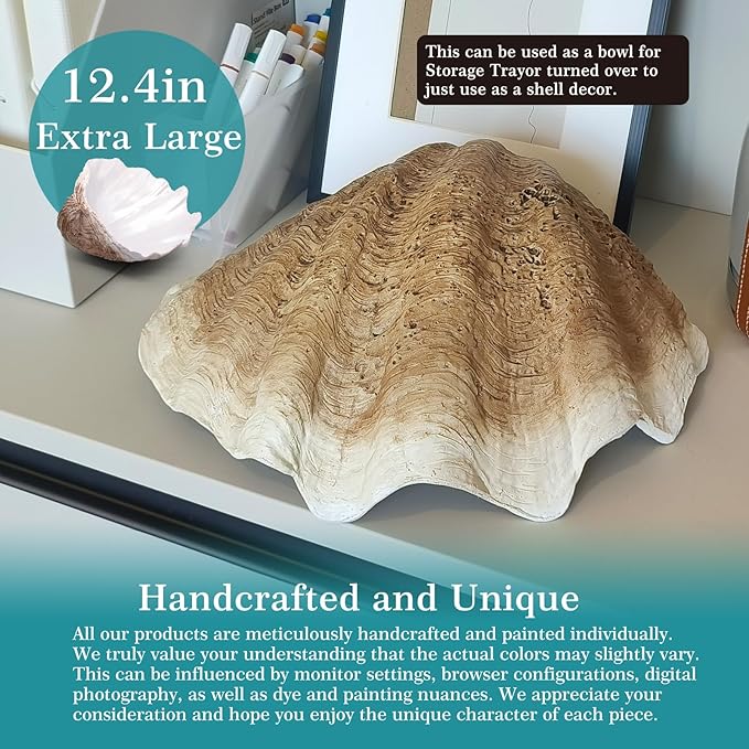 Extra Large Clam Shells Decorative Bowl Earth Tan Sea Shells Decorative Storage Bowls for Coastal Beach theme house table centerpiece decorations & Nautical decorations for coffee table -12.4"-1PC-Ruum Studio Home