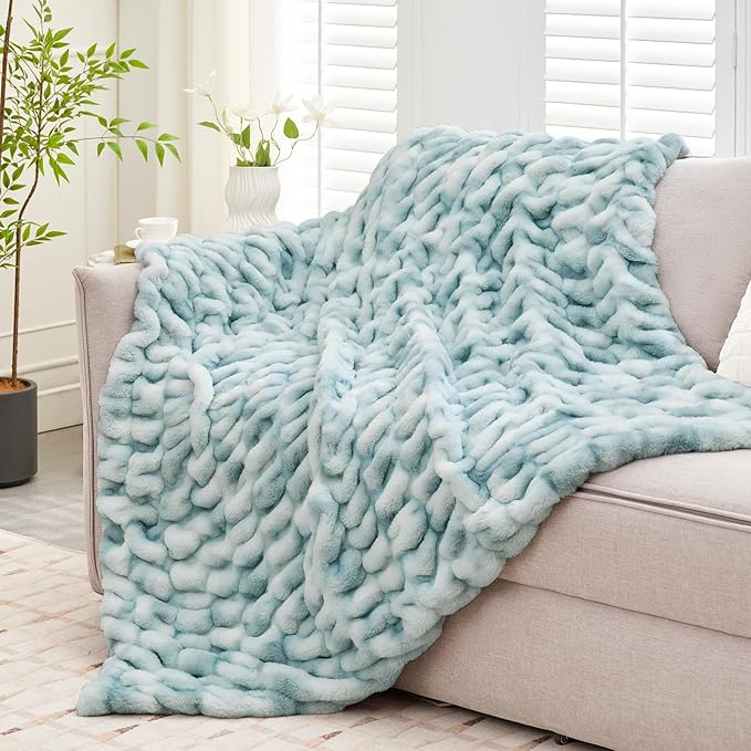 Ultra Soft Luxury Faux Fur Twin Blanket for Counch,Fuzzy Fluffy Plush Warm Cozy Elegant Wrinkled Blanket for Sofa Bedroom Living Room,（60"x80",Tie-dye Freshwater Blue）-Ruum Studio Home