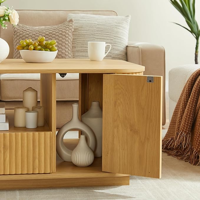 46.5" Oval Coffee Table with Drawers and Storage Mid Century Modern Fluted Solid Wood Side Coffee Tables, Luxury Tea Table Center Table for Living Rooms Offices Apartmen, Natural-Ruum Studio Home