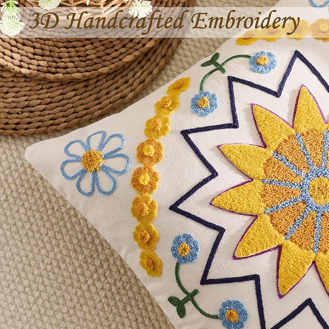 Embroidered Throw Pillow Cover 18x18 Classic Boho Floral Pattern Pillows Cover Outdoor Decorative Pillowcase,Durable Cozy Textured Cushion Case for Sofa Couch Bed Living Room,Yellow-Ruum Studio Home