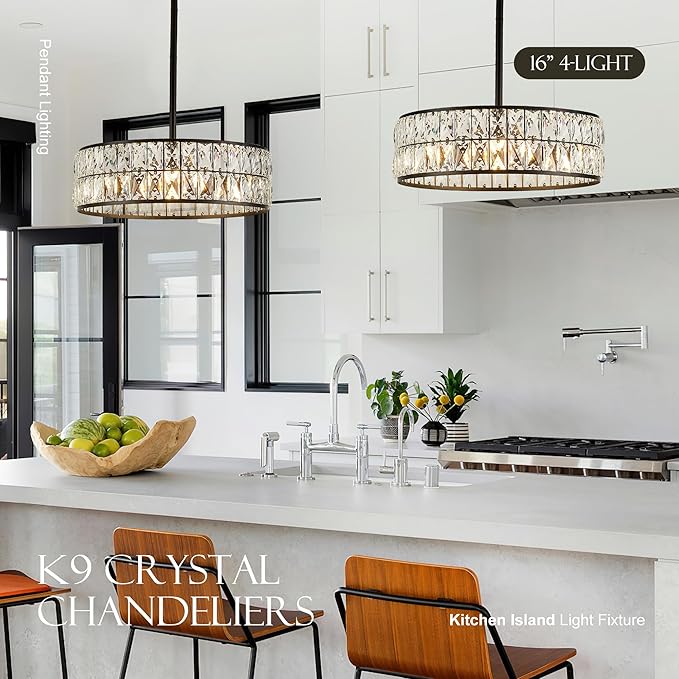 16” 4-Light Modern Crystal Chandeliers Black Dinning Room Light Fixture with Two Rods, Round Pendant Light Kitchen Island Chandelier, Flush Mount Ceiling Light for Living Room Entryway-Ruum Studio Home