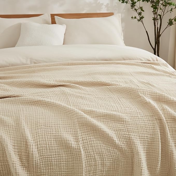 EMME Cotton Muslin Blanket Twin XL - 66"x90" Lightweight Breathable Layering Blanket Bedspread Coverlet All Season Gauze, Light Tan-Ruum Studio Home