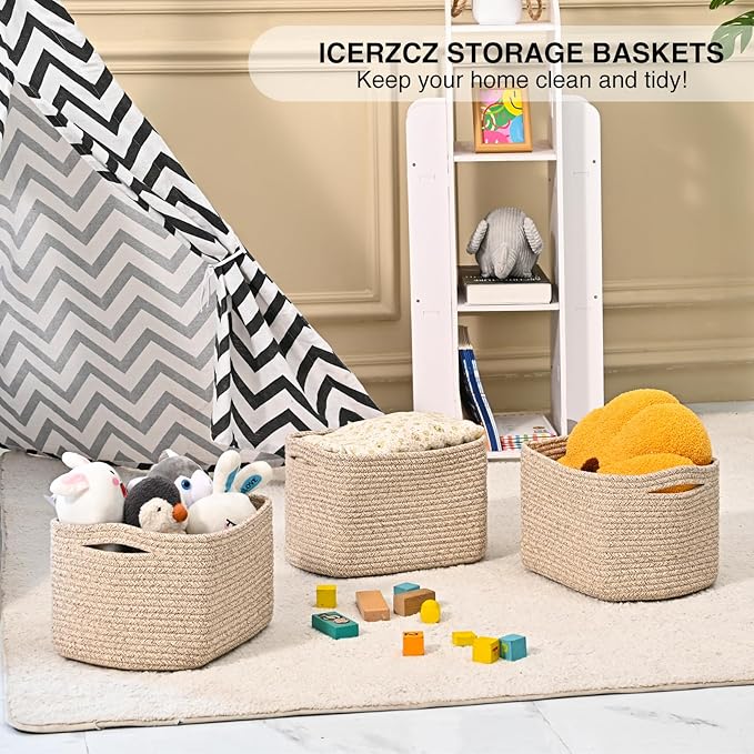 Small Storage Baskets for Shelves Organizing, Woven Cotton Rope Baskets for Storage, Book Basket, Decorative Shelf Basket, 12.5"Lx9.1''Wx7.9''H (4 Packs) Brown-Ruum Studio Home