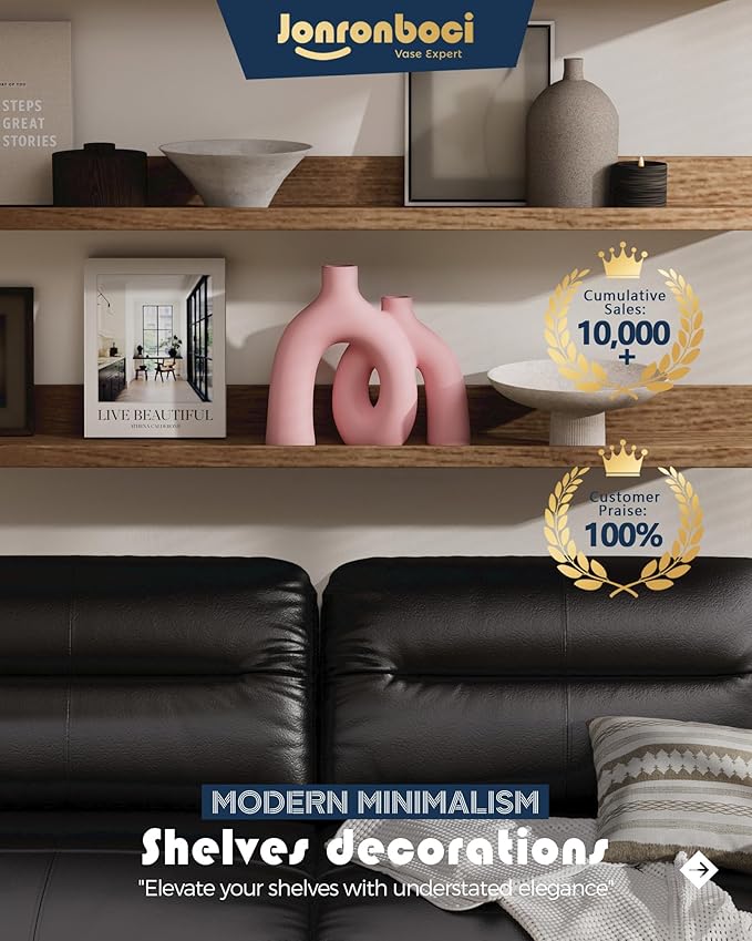 Hug Donut Decorative Vase Set - Light Pink Modern Glam Eclectic Style Vases Home Decor, Matte Ceramic Decorations for Living Room Shelf, Bookshelf Mantle Entryway Table or Console Décor(Pink)-Ruum Studio Home