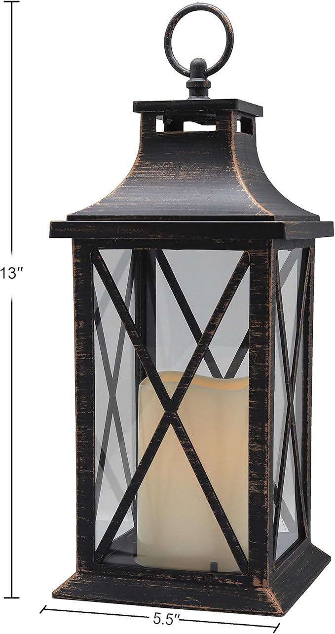 YAKii 14" Decorative Candle Lantern LED Flameless Candle Timer, Plastic LED Candle & Holder, Indoor & Outdoor Hanging Lights,Christmas Day Decoration (Antique Copper Brushed)-Ruum Studio Home