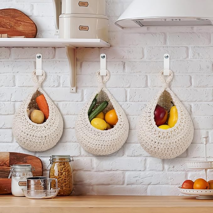 AARAINBOW Boho Wall Hanging Baskets for Kitchen Storage, Fruit Woven Wall Basket 9 Pcs, Hanging Vegetable and Onion Storage with 24 Hooks （White）-Ruum Studio Home