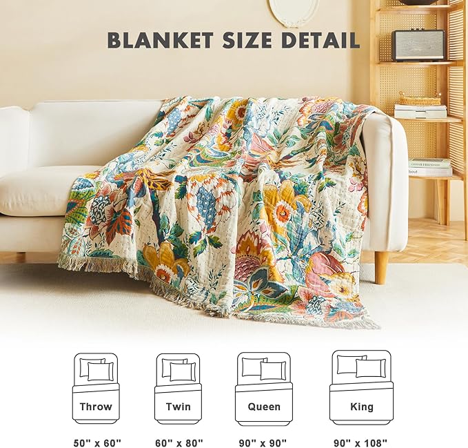 MSGKV Boho Throw Blanket for Couch Bed Chair 100% Cotton Muslin Breathable Vine Embroidery Blanket 50"x60" Sofa Blankets for All Seasons Lightweight Farmhouse Blankets Boho Home Decor-Ruum Studio Home