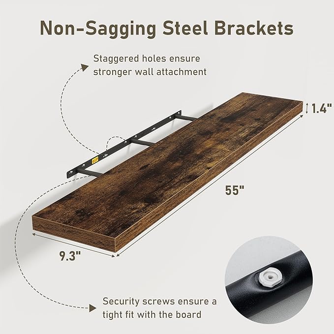 Fun Memories 55 Inch Floating Shelves for Wall 2 Pack Shelves for Bedroom|Kitchen|Bathroom 55 x 9.3 Inch Wood Floating Shelf with Invisible Brackets for Books|Storage|Decor, Rustic Brown-Ruum Studio Home