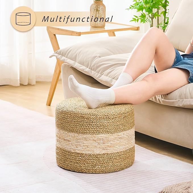 Handwoven Seagrass Ottoman Pouf, Round Outdoor Footstool with Sturdy Frame, No Assembly Needed, Boho Accent Stool for Indoor & Outdoor Use – Patio, Balcony, Living Room (Seagrass White)-Ruum Studio Home