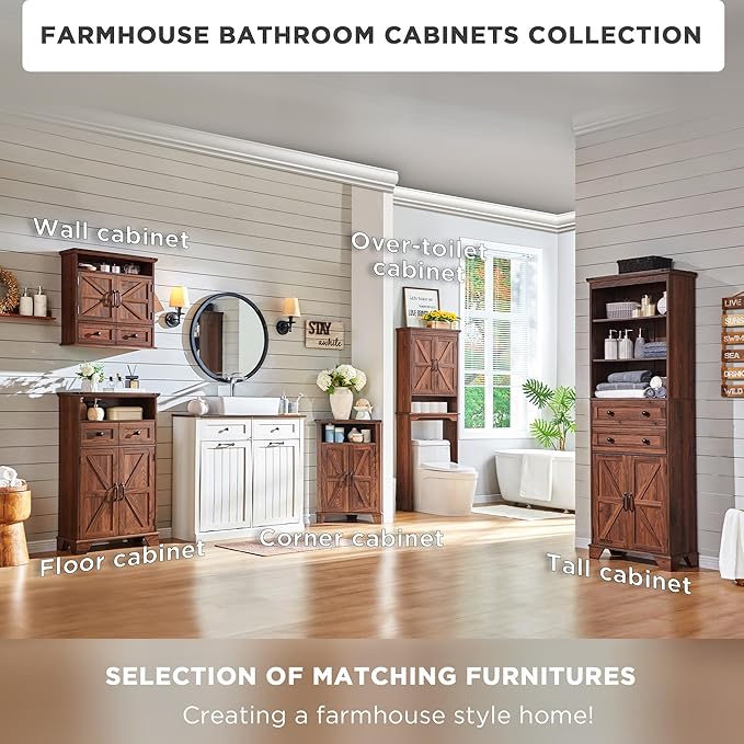Over The Toilet Storage Cabinet, Farmhouse Bathroom Cabinet with Adjustable Shelf & Barn Door, 67" Tall Over The Toilet Shelf, Brown-Ruum Studio Home
