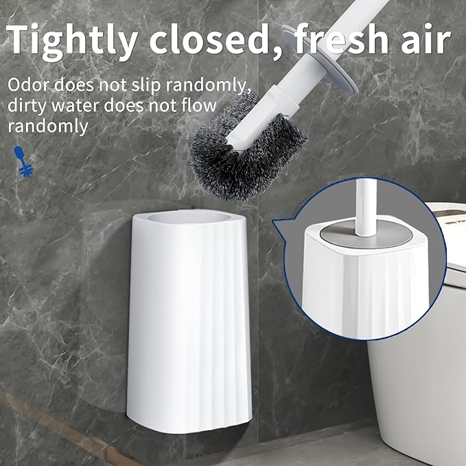 Toilet Brush & Holder Set, Lightweight Plastic Handle, Space Saving for Storage, Deep Cleaning, Drip-Proof, Easy to Assemble, Nylon Bristles, White & Grey-Ruum Studio Home