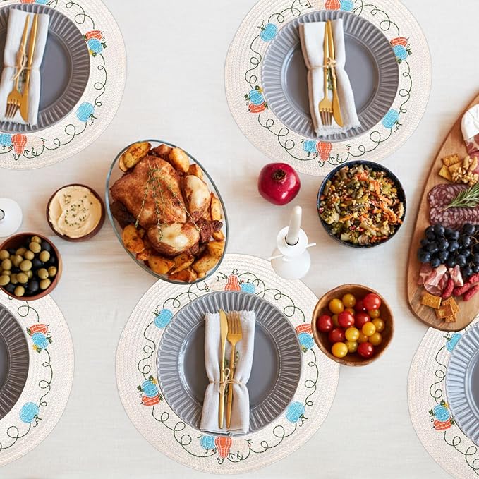 Whaline 4Pcs Round Fall Placemats Pumpkin Embroidered Place Mats Autumn Dinner Table Mats for Home Harvest Thanksgiving Holiday Party Decor-Ruum Studio Home